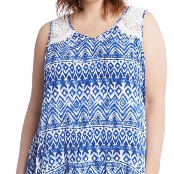 Karen Kane Women's Plus 1X 2X Blue Ikat Lace Yoke Sleeveless Tunic Top Boho NWT - Picture 2 of 9